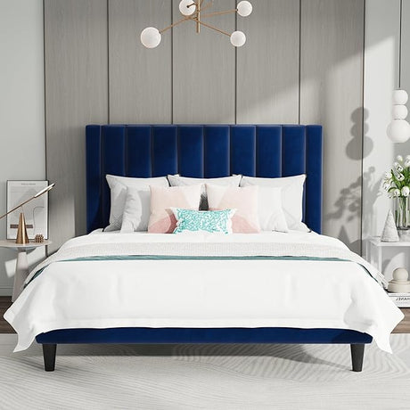 Full Bed Frame/Velvet Upholstered Platform Bed Frame with Headboard/Strong Wood Slats Support