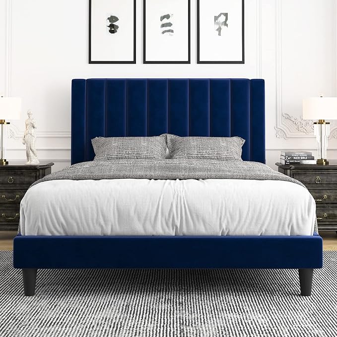 Queen Bed Frame/Velvet Upholstered Bed Frame with Vertical Channel Tufted Headboard