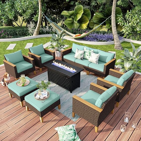 9 Piece Wicker Patio Furniture Set, 2 x Single Chair, 2 x Ottoman