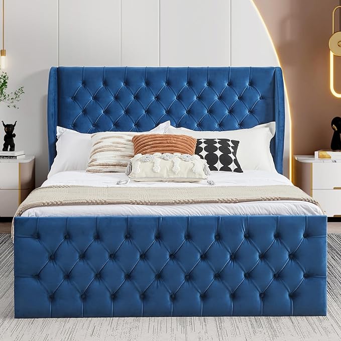 Queen Size Bed Frame, Wood Platform Bed Frame with Headboard, Solid Wood Foundation