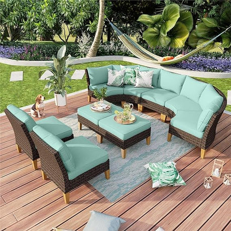 9 Piece Wicker Patio Furniture Set, 2 x Single Chair, 2 x Ottoman