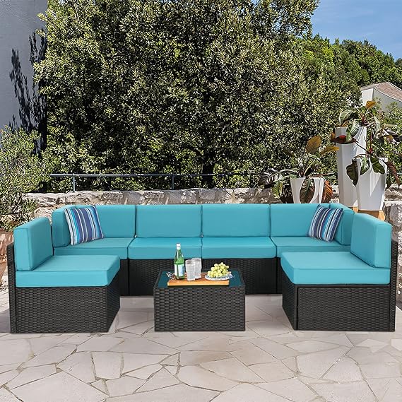 7 Piece Outdoor Patio Furniture Set, Black PE Rattan Wicker Sofa Set