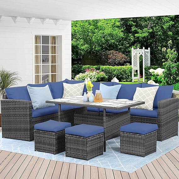 Patio Furniture Set, 7 Piece Outdoor Dining Sectional Sofa with Dining Table and Chair