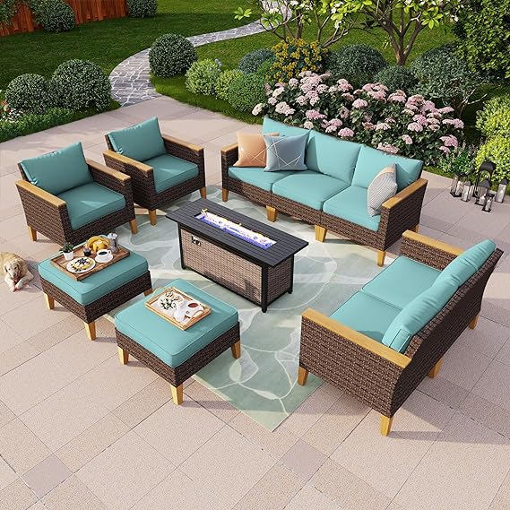 8-Piece Outdoor Sectional Patio Conversation Set with 56" Gas Fire Pit Table Table