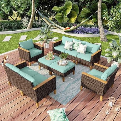 9 Piece Wicker Patio Furniture Set, 2 x Single Chair, 2 x Ottoman