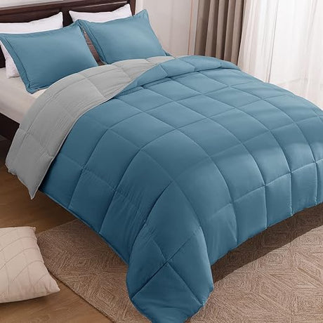 Queen Size Comforter Set - Reversible Washed Microfiber Navy and Blue Comforter