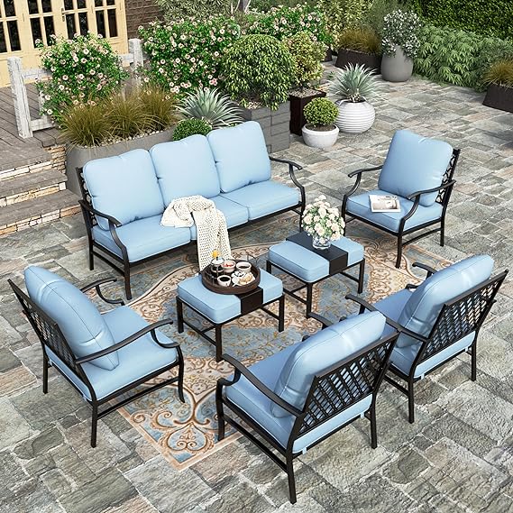 Patio Furniture Set, 2 x Swivel Chair, 2 x Fixed Chair, 2 x Ottoman, 1 x 3-Seat Sofa