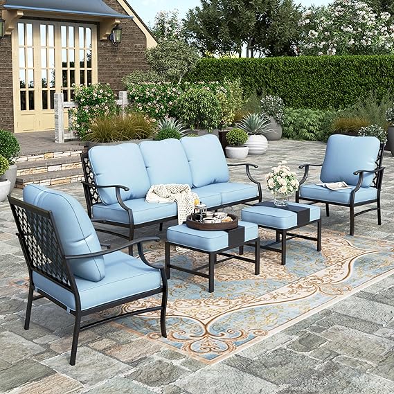 5 Piece Patio Furniture Set, 2 x Swivel Chair, 2 x Ottoman, 1 x 3-Seat Sofa