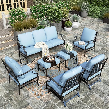 7 Piece Patio Furniture Set, 2 x Rocking Chair, 2 x Fixed Chair, 2 x Ottoman, 1 x 3-Seat Sofa