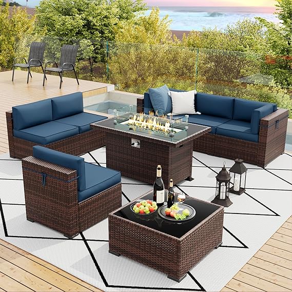 8 Pieces Patio Furniture Set Outdoor with Gas Fire Pit Table