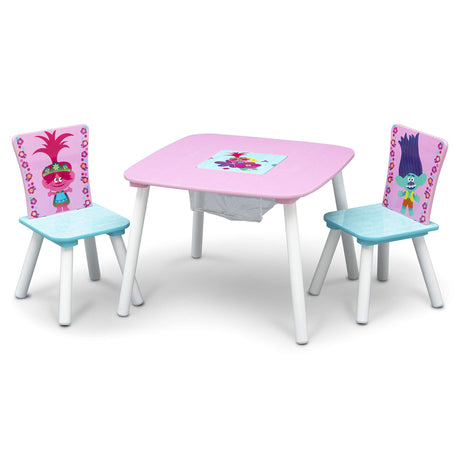 Kids art table with storage and 2 chairs ,Blue and pink Trolls World Tour design, perfect for playrooms and creative activities