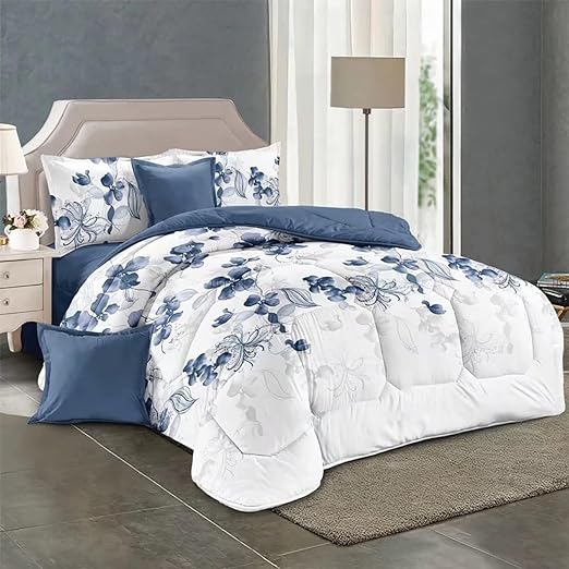 3 Piece Full Size Comforter Set Blue All Season Bedding Botanical Teal Floral