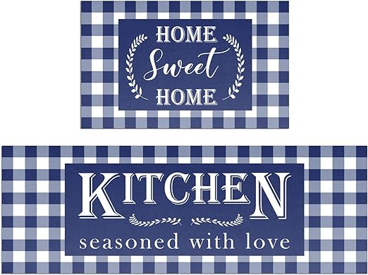 Buffalo Plaid Snow Santa Claus Christmas Kitchen Rugs Set of 2, Winter Low-Profile Floor