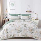 7 Pieces Floral Reversible Bed in a Bag Gold and Blue Leaves Bedding Set