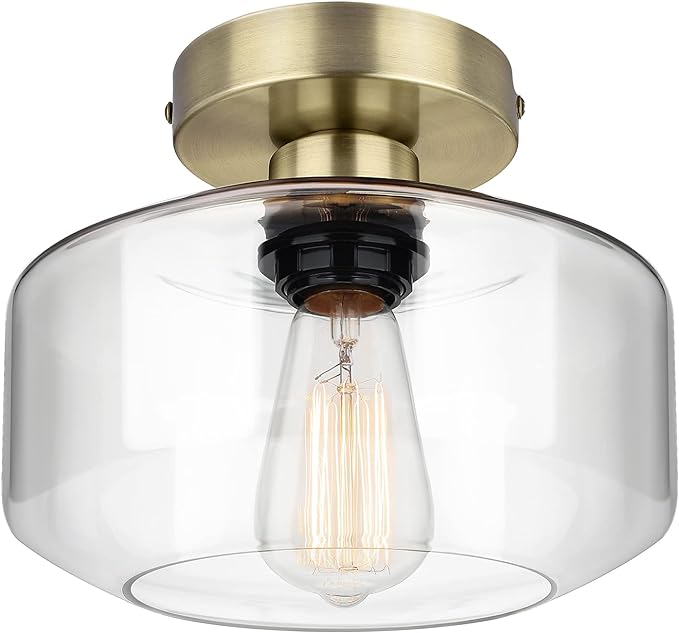 Industrial Semi Flush Mount Ceiling Light, Clear Glass Pendant Lamp Shade