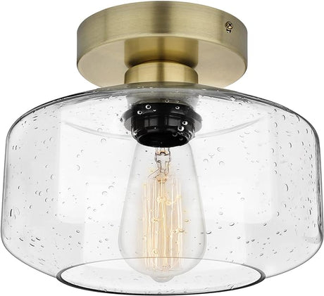 Industrial Semi-Flush Mount Ceiling Light, Seeded Glass Pendant Lamp Shade