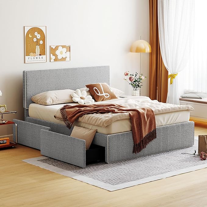 Queen Size Bed Frame, Wood Platform Bed Frame with Headboard, Solid Wood Foundation