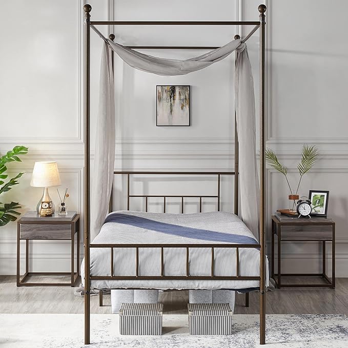 Metal Canopy Platform Bed Frame Four-Poster Canopied Bed Mattress