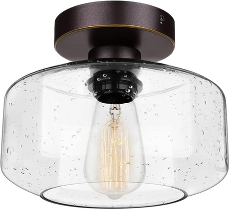 Industrial Semi-Flush Mount Ceiling Light, Seeded Glass Pendant Lamp Shade