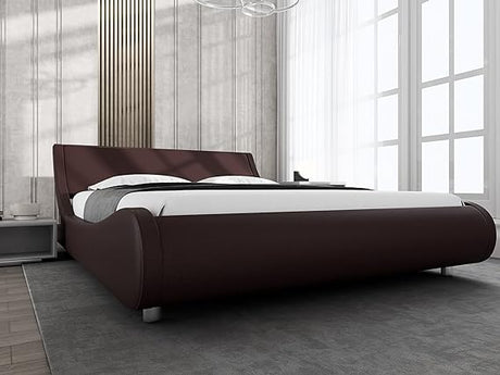 Upholstered King Size Platform Bed Frame Modern Low Profile Sleigh Bed with Faux Leather