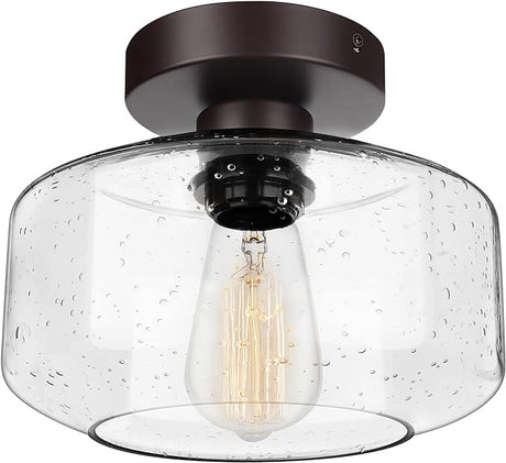 Industrial Semi-Flush Mount Ceiling Light, Seeded Glass Pendant Lamp Shade