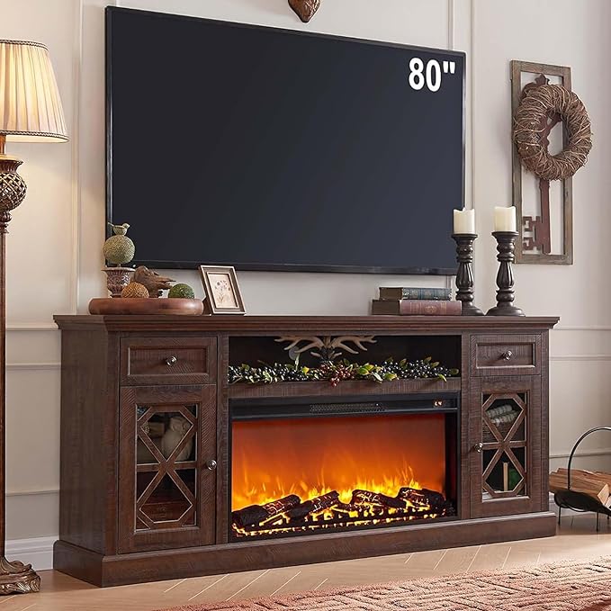 Farmhouse Fireplace TV Stand with 36" Electric Fireplace for 80 Inch TVs