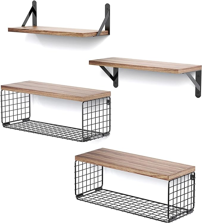 Wall Floating Shelves, Wall Mounted Shelf Set of 4, with Metal Baskets, Rustic Décor Style
