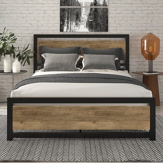 Bed Frame with Modern Wooden Headboard/Heavy Duty Platform Metal Bed Frame