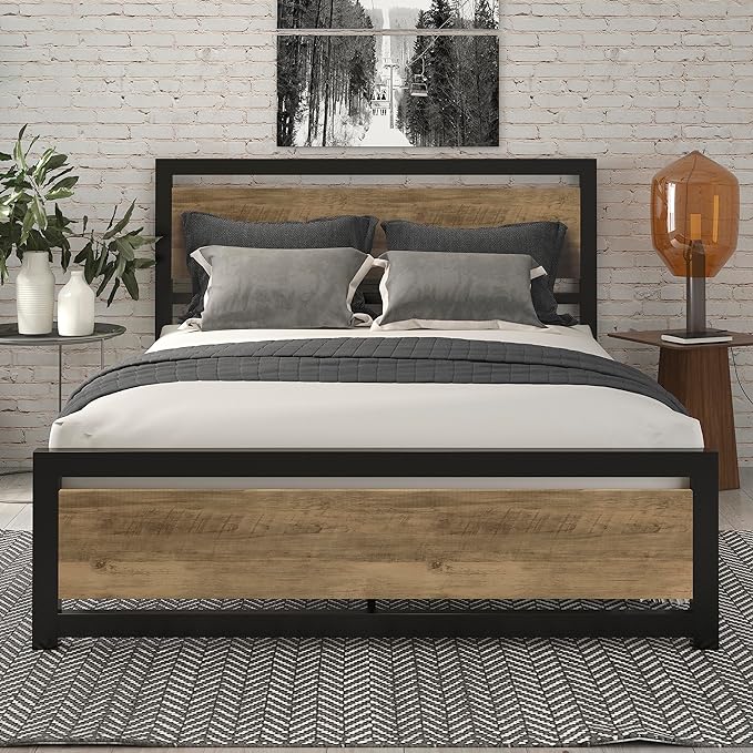 Queen Size Bed Frame with Modern Wooden Headboard/Heavy Duty Platform Metal Bed Frame