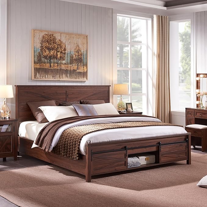 Farmhouse Wood Bed Frame Queen Size with Sliding Barn