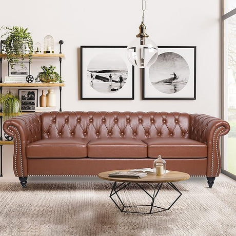 Modern Tufted Couch 3 Seater with Rolled Arms and Nailhead