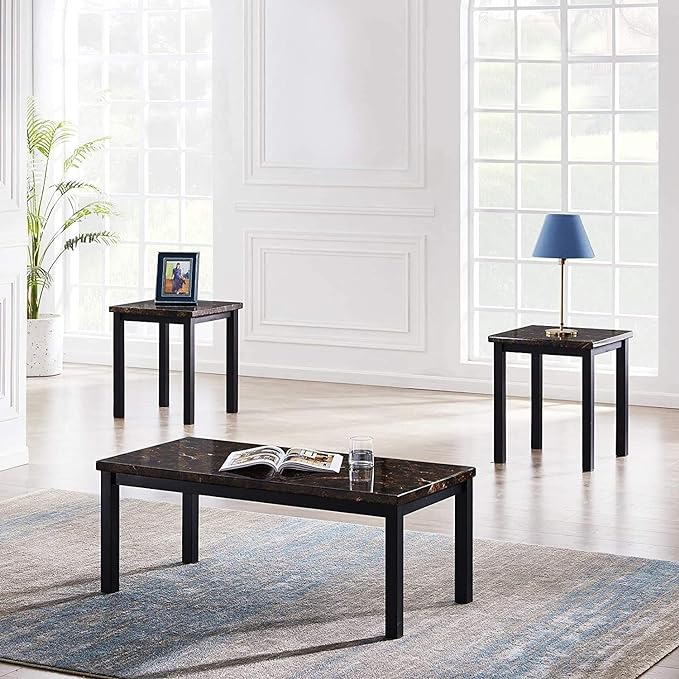 3 Piece Coffee Table Set, Faux Marble Tabletop Style with Black Metal Frame Sofa Side Tables Perfect