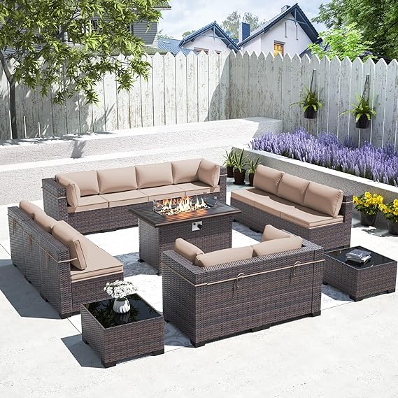 Outdoor Patio Furniture Set with Gas Fire Pit Table, 13 Pieces Patio Sectional Sofa