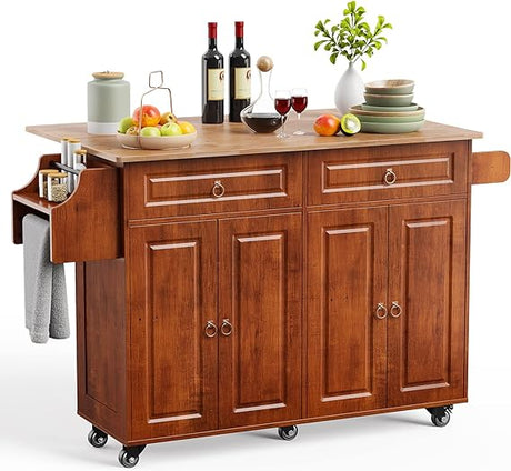 Kitchen Island on Wheels Kitchen Cart with Rubber Wood Top