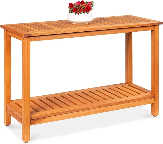 48in 2-Shelf Eucalyptus Wooden Console Table Indoor Outdoor Multifunctional Buffet Bar