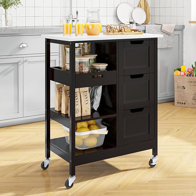 Small Solid Wood Top Kitchen Island Cart on Wheels with Storage