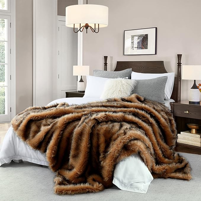 Luxury Plush Faux Fur Blanket King Size, Long Pile Golden Yellow with Black Tips Blanket