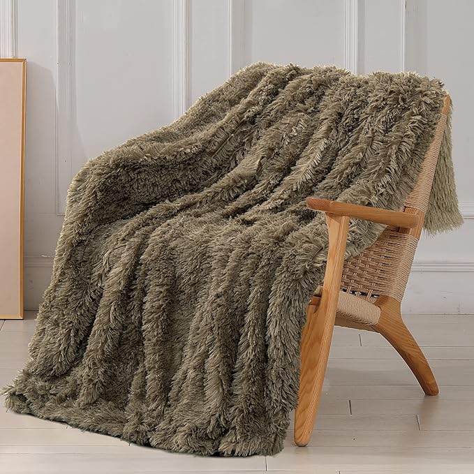 Decorative Extra Soft Faux Fur Blanket Queen Size ,Solid Reversible Fuzzy Long Hair