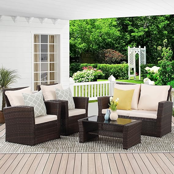 4 Piece Outdoor Patio Furniture Sets, Wicker Conversation Set for Porch Deck