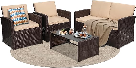 4 Pieces Patio Conversation Set, Outside Rattan Sectional Sofa
