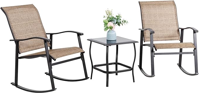 3 Piece Outdoor Rocking Bistro Set, Textilene Fabric Small Patio Furniture Set