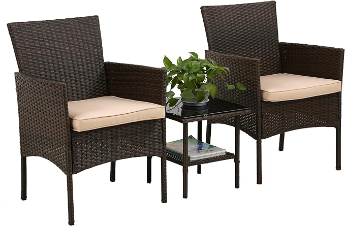 3 Piece Outdoor Furniture Set Patio Brown Wicker Chairs Furniture Bistro Conversation