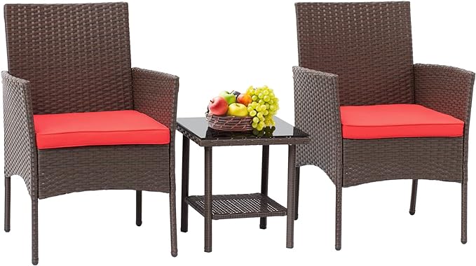 3 Piece Outdoor Furniture Set Patio Brown Wicker Chairs Furniture Bistro Conversation