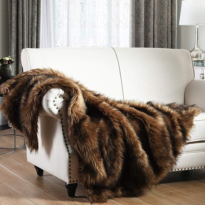 Luxury Plush Faux Fur Throw Blanket with Aztec Pattern, Super Warm, Fuzzy