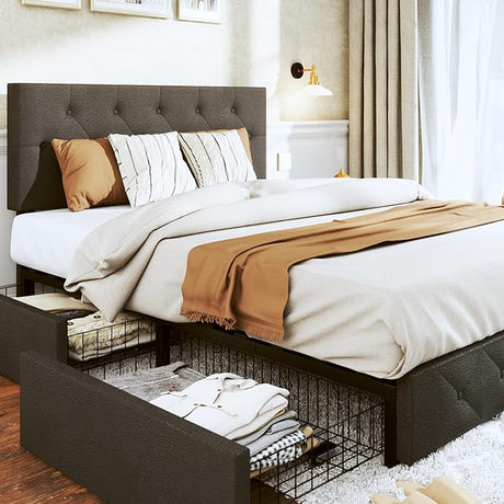 Queen Bed Frame with Headboard Storage Drawers of 4 Upholstered Bed Frame Platform