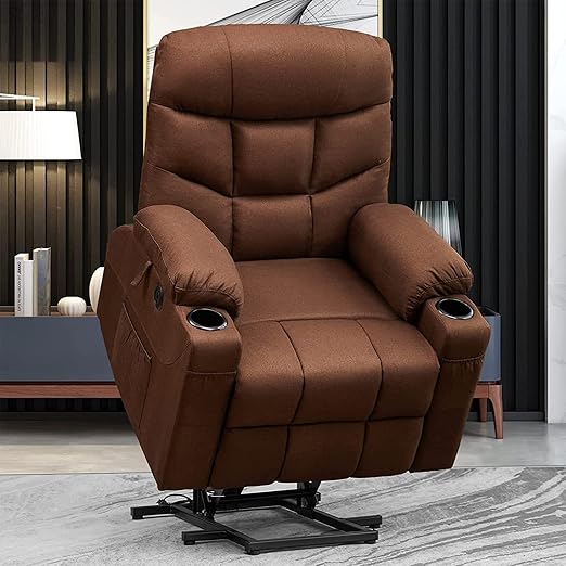 Brown electric power lift recliner chair with linen fabric

