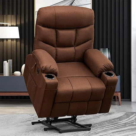 Brown electric power lift recliner chair with linen fabric

