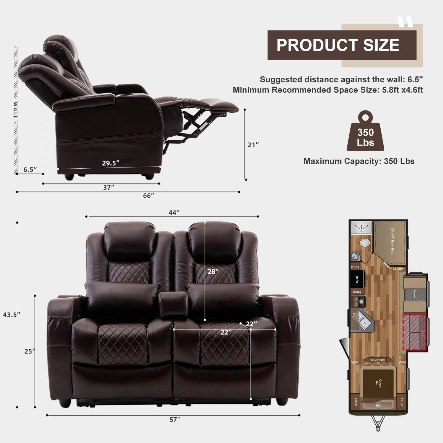 Brown wall-hugger RV recliner loveseat with arm storage