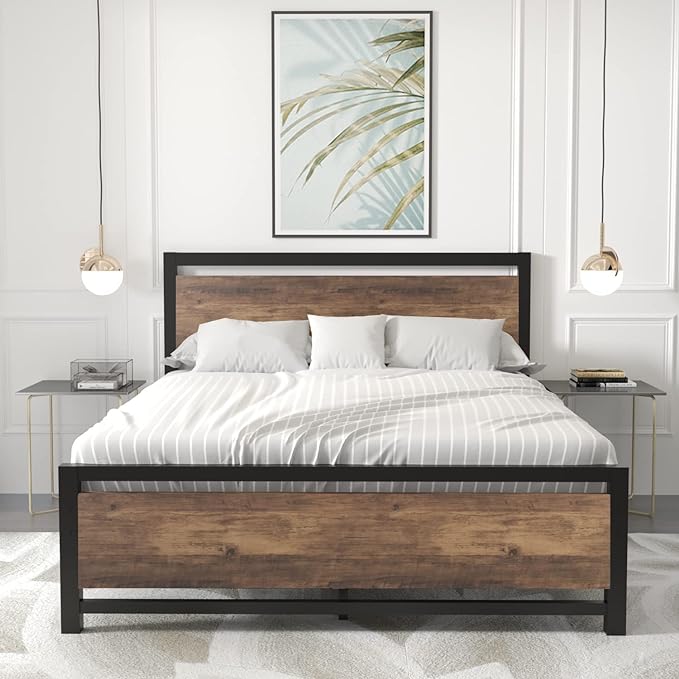 Queen Platform Bed Frame with Wooden Headboard and Footboard, Metal Bed Frame