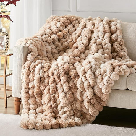 Luxury Ruched Faux Fur Throw Blanket Ultra Soft Cozy Puzzy